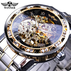 Winner Transparent Fashion Diamond Display Luminous Hands Gear Movement Retro Royal Design Men Mechanical Skeleton Wrist Watches