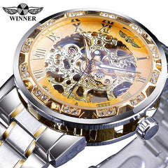 Winner Transparent Fashion Diamond Display Luminous Hands Gear Movement Retro Royal Design Men Mechanical Skeleton Wrist Watches