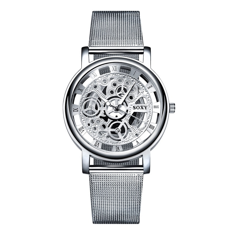 SOXY Watch 2019 Skeleton Wrist Watch Men Simple Style Mesh Belt Men Women Unisex Quartz Watches Hollow Watches relogio masculino